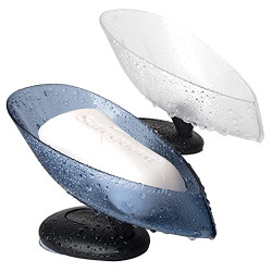 Bar Soap Holder with Drain 2 Pack Plastic Soap Dish with Suction Cup Not Punched, Spin Soap Baver Box Easy Cleaning for Shower, Bathroom, Kitchen Sink, Bath Tub, Razor, Sponges - Clean + Blue