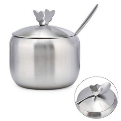 TBWHL Stainless Steel Sugar Bowl with Butterfly-Shaped Lid and Spoon for Ghee, Sugar, Powdered Cream, Powered Stevia, Salt, Candy, Coffee, Dishwasher Safe 12.3oz