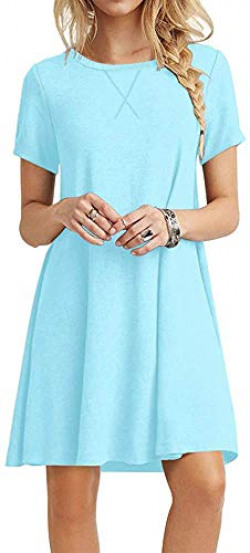 Women's Short Sleeve Crew Neck Swing Dresses Color Block Summer Loose Casual A-line T-Shirt Dress
