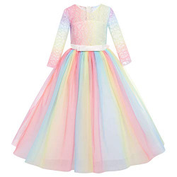 Rainbow Flower Girl Long Princess Dress Vintage Lace Maxi Gown Kids Formal Wedding Bridesmaid Pageant Tulle Dresses Big Girls Bowknot Dance Communion Birthday Prom Dresses Colorful Pink 2-3 Years