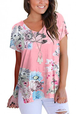 FAVALIVE Women Print Tops Short Sleeve Casual T Shirt V Neck Pink S