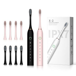 2 Pack Sonic Electric Toothbrush, 6 Modes 42000vpm with 2-Minute Built-in Timer Include 8 Brush Heads (Black+Pink)