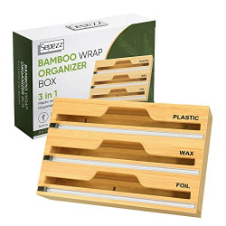 Bamboo Wrap Dispenser with Cutter, 3 in 1 Kitchen Roll Holder Drawers Organizer Box for Cling Film, Aluminum Foil, Wax Paper Or Parchment Paper; Compatible with 12 Inch Kitchen Rolls