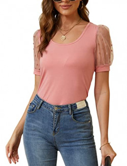 Vshemoi Women's Elegant Polka Dots Mesh Puff Sleeve Slim Fitted Tee Shirt Blouses Puff Sleeve Tops for Women Pink M