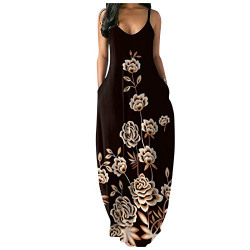 FRSH MNT OTTATAT Dresses for Women Floral Summer Spaghetti Strap Sexy V-Neck Loose Plus Size Long Maxi Dress with Pocket Slim Soft Comfort Elegant Lightweight Holiday Mother's Day Loose Fit Party Clothing, 000-beige, Large