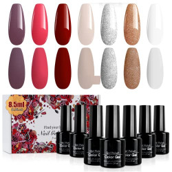 7pcs Gel Nail Polish Picked Soak off Gel Polish Kit Gel Polish 8.5ml/pcs for Starter DIY Nail Art Salon Manicure at Home (Red White and Silver Golden Glitter Nude )