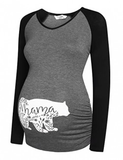 Ekouaer Funny Pregnancy T Shirts for Women Maternity Tops Sied Ruched Long Sleeve Cute Pregnancy Tee Mama Bear M