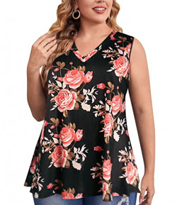 Womens Plus Size Black Floral Tank Tops for Leggings Swing Sleeveless Tops 