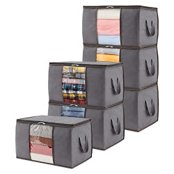 Lifewit 6-Pack Clothes Storage Bag, Storage Bins for Clothes, Blankets, Comforters, Foldable Clothing Storage with Reinforced Handle, Sturdy Zipper, Closet Organizer With Clear Window, 60L, Grey