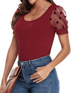 Vshemoi Puff Sleeve T-Shirt for Women Polka Dot T Shirt Sexy Short Mesh Blouses for Women Business Casual Womens Tops Dressy Wine L