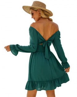 Women's Long Lantern Sleeve Tie Back Ruffle Dress Off Shoulder A-Line Vintage Mini Dress