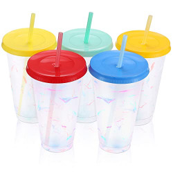Sursip 24 oz Color Changing Reusable Cup,Sursip 5 Pack With Lid/5 Color Changing Straws,Ice Water Changing Colorful Summer Coffee Tumblers Party Cup for Adults