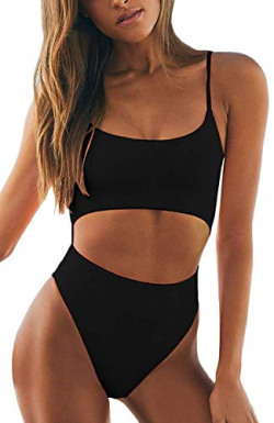 Feager Women Cutout Scoop Neck Strap Blackless Lace Up Back Monokini,L Black