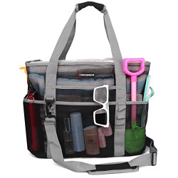 Mesh Beach Bag for Women Lightweight Tote Bag For Toys & Vacation Essentials for Family Pool Grocery Storage Net Bag 9 Pockets with 40L (Black Grey)