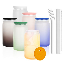 Tronco 16 oz Glass Cups with Silicone Lid and Glass Straws- 6Pcs Durable Drinking Glasses, Beer Can Shaped Glasses, Beer glassesCute Iced Coffee Cups,Ideal for coffee, Soda, Tea, Whiskey, Gift