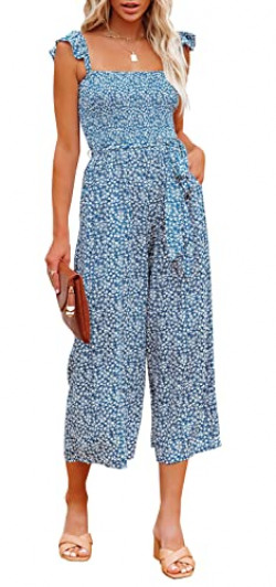 MITILLY Jumpsuits For Women Summer Boho Floral Ruffle Sleeve High Waist Wide Leg Pant Romper With Pockets Small Light Blue