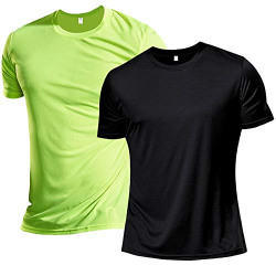 2 Pack Mens T-Shirt Short Sleeve Quick Dry Crew Neck Workout Black/Green S