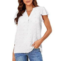 Women's Summer V Neck Blouse Chiffon Tunic Tops Flutter Ruffle Sleeves Swiss Dot Casual Cute T-Shirts