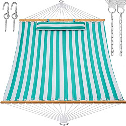 Y- STOP 13.2FT Hammock with Pillow, Quilted Fabric Hammock with Chains and Hooks for Outdoor, Indoor, Double Solid Wood, for Two Person, Max 440 Lbs, Beige (Green Stripes)