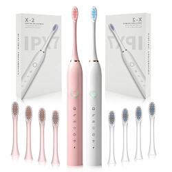 2 Pack Rechargeable Electric Toothbrushes for Adults and Kids, Sonic Whitening Tooth Brush with 8 Brush Heads, Smart Timer and 6 Cleaning Modes, Cleaning Waterproof Toothbrushes Set,White & Pink