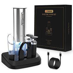 Euhomy Electric Wine Opener with Charging Base,Reusable Stainless Steel Cordless Electric Wine Bottle Opener SET with 2-in-1 Aerator &Pourer, Foil Cutter, 2 Vacuum Preservation Stoppers