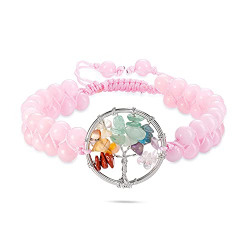 Jovivi Chakra Bead Bracelets for Women Men - 6mm Natural Rose Quartz Healing Crystal Tree of Life Stretch Bracelet with Real Stones Anxiety Meditation Yoga Gemstone Jewelry