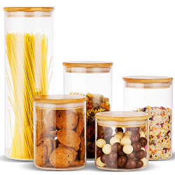 Erreloda Glass Food Storage Jars Containers, Glass Storage Jar with Airtight Bamboo Lids Set of 5 Kitchen Glass Canisters For Coffee, Flour, Sugar, Candy, Cookie, Spice and More
