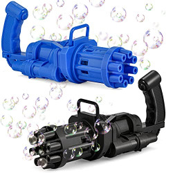 Upgrade 2 Pack Toy Bubble Maker Machine, Automatic Bubble Maker Toy with 2 Bubble Solution, 8 Hole Blaster Electric Wand Bubble Summer Party Indoor Outdoor for ToddlersBlack & Blue