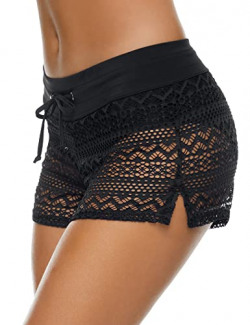 Bonneuitbebe Women's Swim Shorts Lace Hollow Bathing Suit Shorts Low Waist Bathing Suit Bottoms Bikini Board Shorts Black
