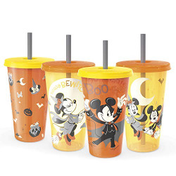 Zak Designs Disney Tumbler with Lid and Straw Set Glow-in-the-Dark Halloween Party Cups, 4pc (25oz, Mickey Mouse)