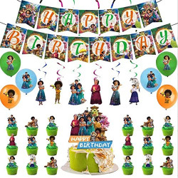 64 Pcs Encanto Birthday Party Decorations Supplies Set, 15 Happy Birthday Banner ,1 Cake Topper, 6 Hanging Swirls Decor, 18 Balloons, 24 Cupcake Toppers for Boys Girls Family Birthday Theme Party Decorations(Green)