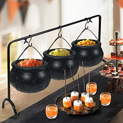 Halloween Decor - Halloween Party Decorations - Set of 3 Witches Cauldron Serving Bowls on Rack - Black Plastic HocusPocus Candy Bucket Cauldron for Indoor Outdoor Home Kitchen Decoration