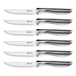 HISSF 6-piece Steak knives Set,Serrated Stainless Steel Sharp Blade Flatware Steak Knives Set of 6,Unique Hammered Pattern Hollowed Handle,4.5 In,For Kitchen Restaurant Tableware, Dishwasher Safe