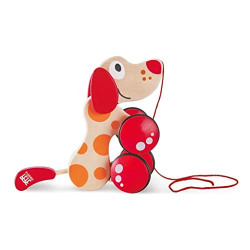 Walk-A-Long Puppy Wooden Pull Toy by Hape | Award Winning Push Pull Toy Puppy For Toddlers Can Sit, Stand and Roll. Rubber Rimmed Wheels for Easy Push and Pull Action, Red , Red/Orange