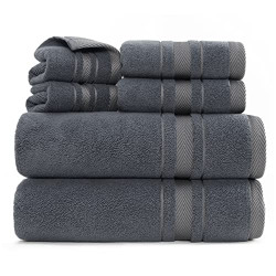 Bedsure Towels Sets for Bathroom - 100% Turkish Cotton Grey Bath Towel, Highly Absorbent Soft Bathroom Towels, Luxury Bath Towels Set of 6, Striped Decorative Towels for Bathroom, Spa, Hotel
