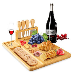 One Fire Bamboo Cheese Board with 4 Knife Set, Bamboo Charcuterie Boards, Wood Cutting Board for Kitchen, Meat Charcuterie Platter Serving Tray, Gift Idea for Birthday, Wedding Registry, Housewarming