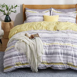 Bedsure Boho Duvet Cover Queen- Striped Duvet Cover Set, 3 Pieces Reversible Geometric Duvet Covers Soft Grey and Yellow Bedding Set with Zippers Closure and 2 Pillow Shams (90x90 Inches)