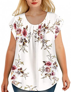 Women's Elegant Floral Print Cap Sleeve Loose Petal Sleeve Casual T Shirts Crewneck Blouse Top Cool Loose Tunic White 1X