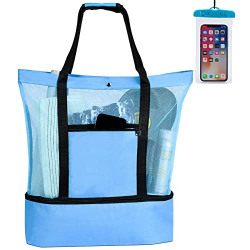 Beach Tote Bag with Cooler Insulated and Waterproof Phone Pouch, Women Waterproof Sandproof Large Mesh Tote Bag with Zipper, Vacation Essentials, Pool Bag for Picnic Camping Traveling