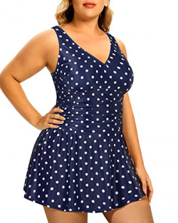 Holipick Polka Dot Women Plus Size Swim Dress Tummy Control One Piece Swimsuit with Skirt 14 Plus