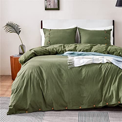 Bedsure Queen Duvet Cover Set - 100% Washed Cotton Duvet Cover, Linen Feel Soft Bedding Set with Buttons Closure, Green, 1 Duvet Cover, 2 Pillow Shams (No Comforter Included)