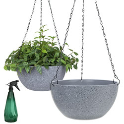2 Pack Hanging Planters, 10 inches Hanging Plant Pots with Drainers and Plugs,Indoor&Outdoor Hanging Garden Flower Pot Containers with Hooks and Chains (Grey)