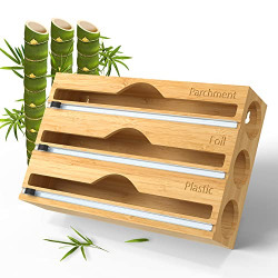 Foil and Plastic Wrap Organizer 3 in 1 Bamboo Plastic Wrap Dispenser with Cutter, Plastic Wrap, Aluminum Foil Organization and Storage, Kitchen Drawer Organizer for Foil and Plastic Wrap Fits 12  Roll
