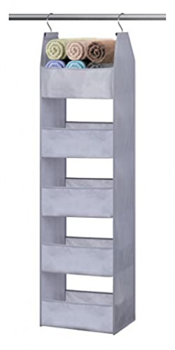 KEETDY 5-Shelf Hanging Closet Organizers and Storage Anti Fall Out Design Hanging Clothes Organizer for Clothing, Sweaters, Diapers for Bedroom, Nursery Room, Dorm, Grey