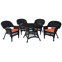 Jeco 5 Piece Wicker Dining Set with with Orange Cushions, Espresso