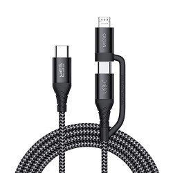 ESR 2-in-1 USB-C to USB-C/Micro Cable [3.3 ft/1 m] Type C Cable [Braided Nylon] Fast Charging Compatible for Galaxy S20/S10/S9/Note 20/10, iPad 7/8, MacBook Air/Pro, Pixel 4, Huawei P30 - Black
