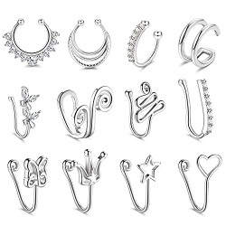 Ubjuliwa 12 Pcs Fake Septum Fake Nose Ring Hoop Stainless Steel Clip on Nose Ring Faux Nose Cuff Non Piercing Cz Fake Piercings Nose Jewelry Women Men (Silver)