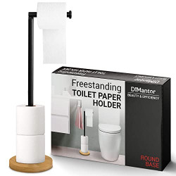 Toilet Paper Holder Stand, Freestanding Toilet Paper Holder with Extra Storage, Bamboo Base with Metal Stand, Sleek and Decorative Bathroom Accessories