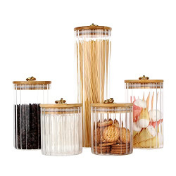 Glass Storage Canisters Set, Decorative Coffee Bar Jar Set Home Kitchen Storage Jars with Airtight Bamboo Lid Metal Ring for Candy, Cookie, Sugar, Pasta, Nuts, Oatmeal and Bathroom Salt, Set of 5
