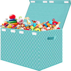 Kids Toy Box Chest Organizer Bins for Boys Girls, Large Fabric Collapsible Storage Basket Container with Flip-Top Lid & Handles for Clothes,Blanket,Nursery,Playroom,Bedroom, 24.5x13x16 (Blue)
